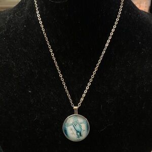 Jesus Hands Praying Cross Footprints Silver Necklace with Blue Pendant